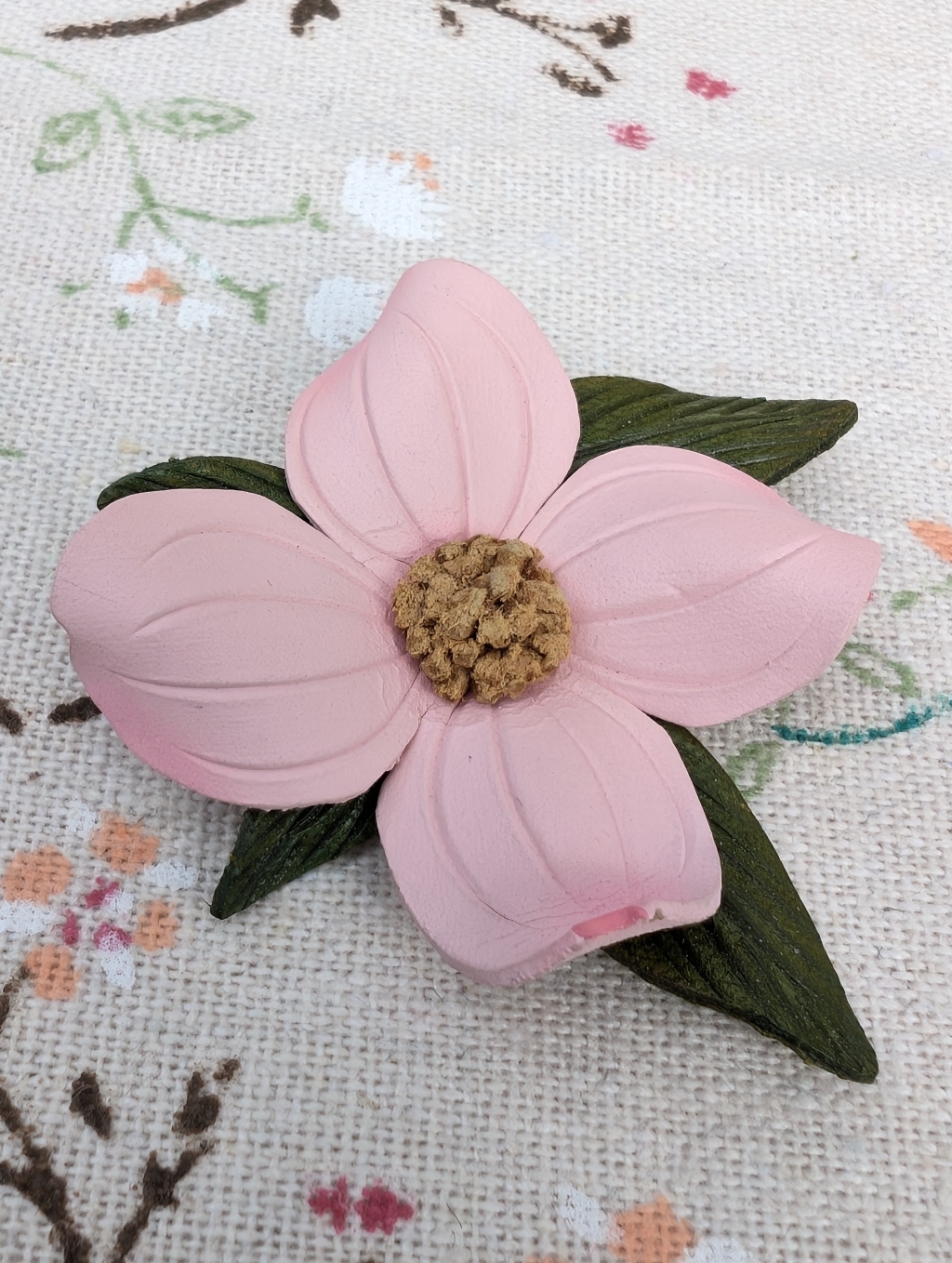 Vintage Pink Leather Flower Brooch, Romantic Cottagecore Jewelry
